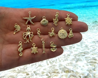 24Kt Gold Plated Under The Sea Charms Collection, 14 Charms in a pack