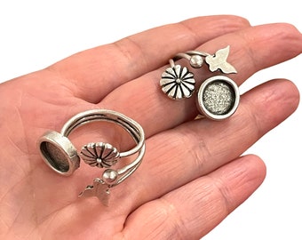 Zilveren ringinstelling, verstelbare ring van antiek verzilverd messing, blanco, verstelbare ring