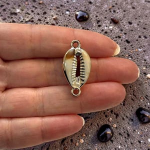 24Kt Gold Plated Cowrie Shell Connector, Double Hole Shell Charm, Nautical Link Pendant, Beach Jewellery Connector 25mm