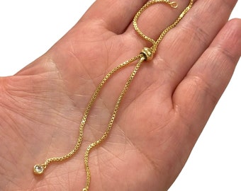 24Kt Gold Plated Adjustable Box Chain Slider Bracelet Blanks With Clear CZ
