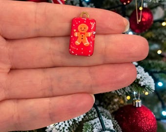 Waterproof 24Kt PVD Gold Plated Stainless Steel Christmas Gingerbread Man Charm – Double Sided Red Enamel Pendant,