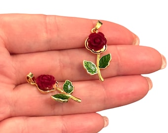24Kt Gold Plated Velvet Rose Pendant –Red Flower Brass Charm with Bail