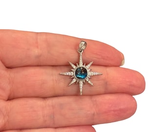 Rhodium Plated Blue Cat Eye North Star Pendant with CZ – Celestial Compass Star Charm, 22x14mm