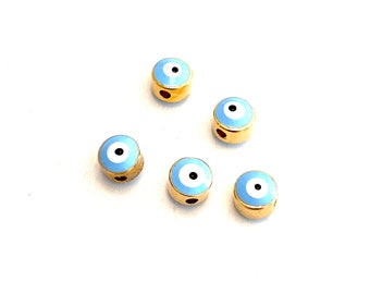 6mm 24K Gold Plated Evil Eye Beads, 6mm 24K Gold Plated Evil Eye Spacers, 5 Pcs in a Pack