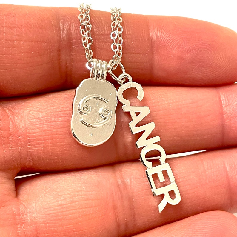 May include: Silver necklace with a Cancer zodiac sign charm and a pendant with the word "Cancer" spelled out.