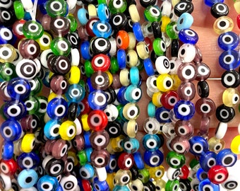 Evil Eye Beads, Strand of 65, Flat Round, 6mm Glass Beads,  Lampwork Glass, Evil Eye Jewelry, Lampwork Beads, UK Beading Supply