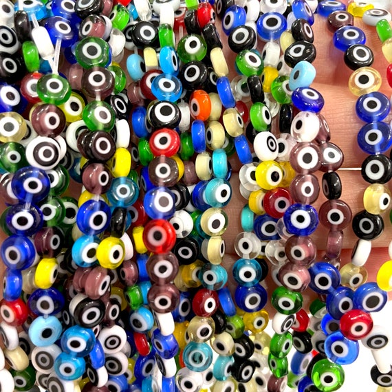Evil Eye Beads, Strand of 65, Flat Round, 6mm Glass Beads