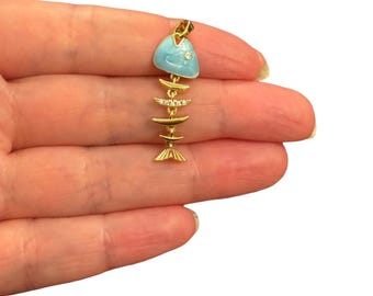 24Kt Gold Plated Blue Fish Skeleton Articulated CZ Pendant – 35x12mm