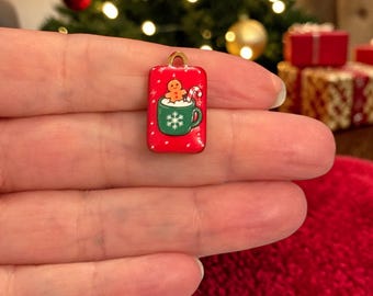 Waterproof 24Kt PVD Gold Plated Stainless Steel Christmas Hot Chocolate Charm – Double Sided Gingerbread Mug Red Enamel Pendant,