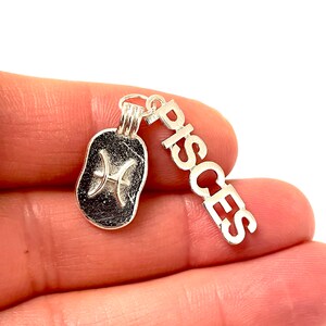 May include: Silver charm with the Pisces zodiac symbol and the word "Pisces" spelled out vertically.