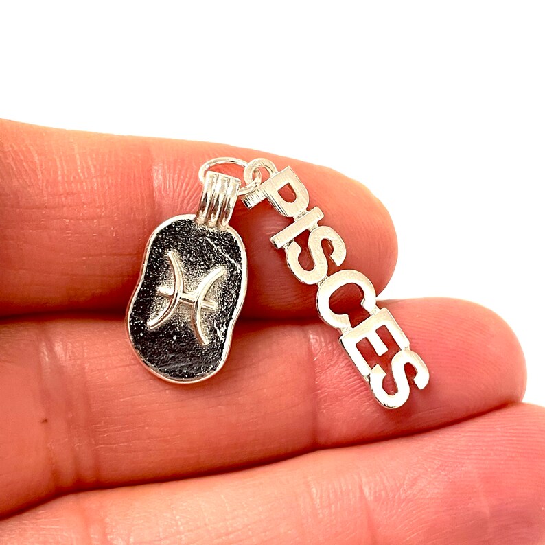 May include: Silver charm with the Pisces zodiac symbol and the word "Pisces" spelled out vertically.