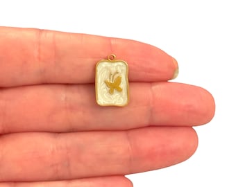 Waterproof 24Kt PVD Gold Plated Stainless Steel Butterfly Charm – Ivory Pearlescent Rectangle Pendant, 17x11mm