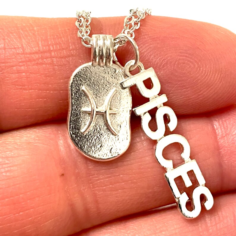 May include: Silver necklace with a Pisces zodiac sign charm and a separate charm with the word "Pisces" spelled out vertically.