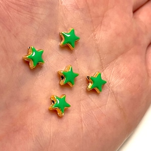 24Kt Shiny Gold Plated Neon Green Enamelled Star Spacer Charms, 5 pcs in a pack