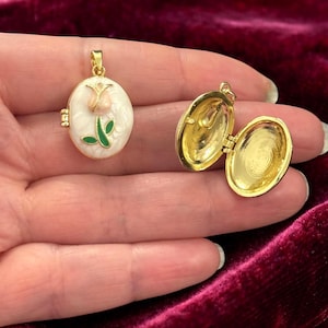 Könnte beinhalten: Zwei goldfarbene ovale Medaillons. Eines ist geschlossen und hat einen weißen Hintergrund mit einem rosa-grünen Blumendesign. Das andere Medaillon ist geöffnet und zeigt ein goldenes Innere. Die Medaillons werden in einer Hand gehalten.