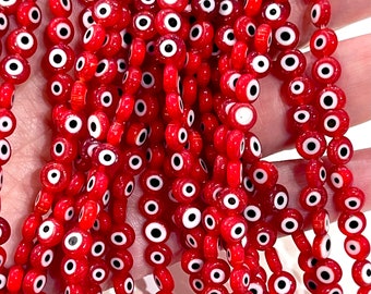 Evil Eye Beads, Strand of 65, Flat Round, 6mm Glass Beads,  Lampwork Glass, Evil Eye Jewelry, Lampwork Beads, UK Beading Supply