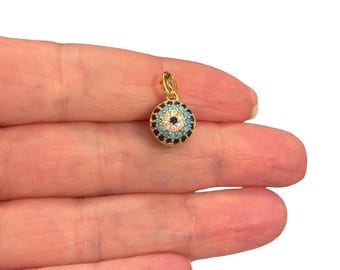 24Kt Gold Plated Blue & Turquoise CZ Round Pendant – 3D Pavé Cubic Zirconia Charm, 18x9x9mm