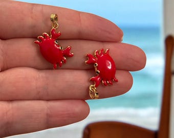 Gold Red Enamel Crab Charm Pendant