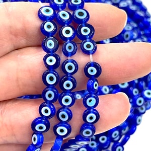 Evil Eye Beads, Strand of 65, Flat Round, 6mm Glass Beads,  Lampwork Glass, Evil Eye Jewelry, Lampwork Beads, UK Beading Supply