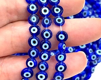 Evil Eye Beads, Strand of 65, Flat Round, 6mm Glass Beads,  Lampwork Glass, Evil Eye Jewelry, Lampwork Beads, UK Beading Supply