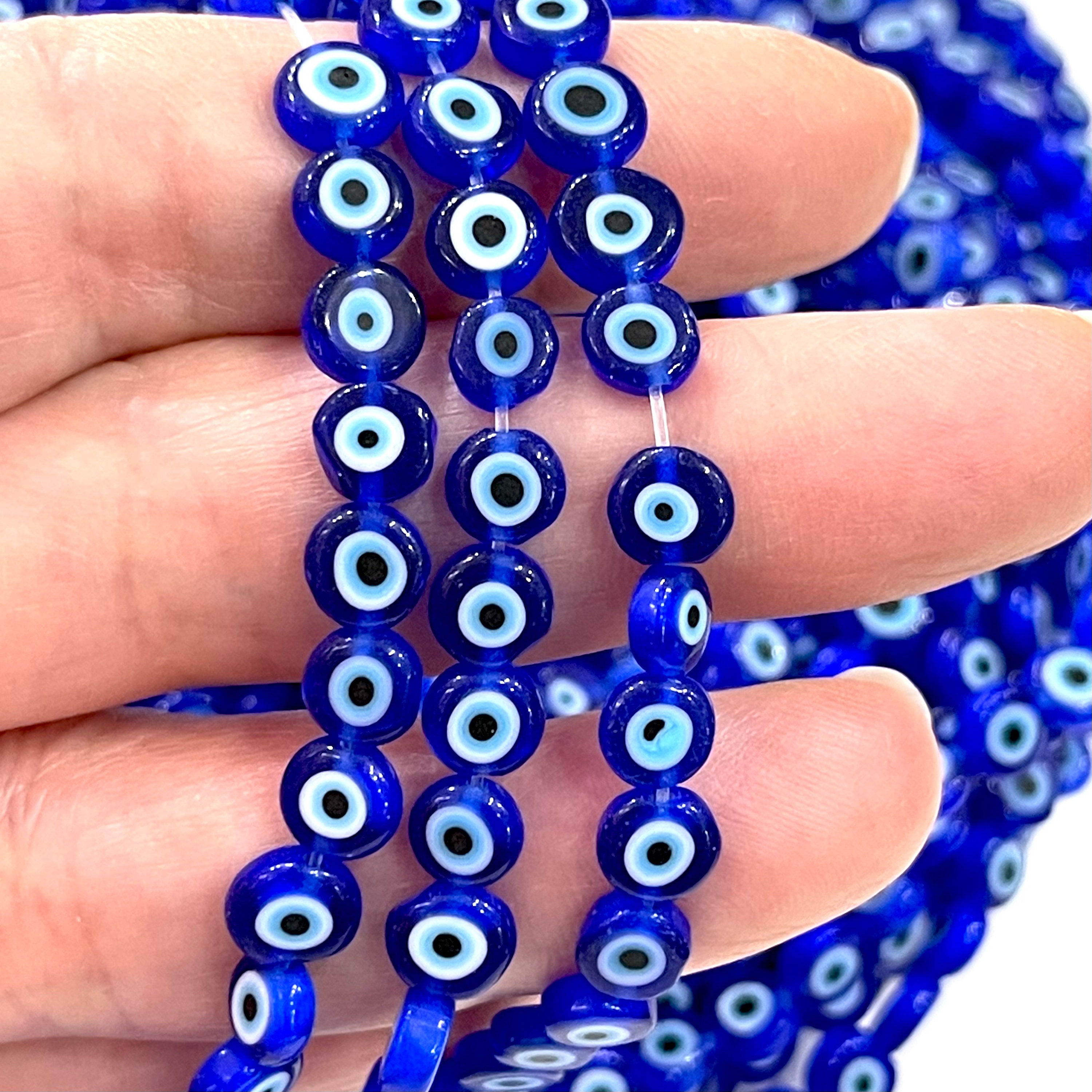 Evil Eye Beads, Strand of 65, Flat Round, 6mm Glass Beads, Lampwork Glass,  Evil Eye Jewelry, Lampwork Beads, UK Beading Supply