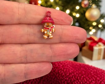 24Kt Gold Plated Christmas Gingerbread Man Charm with Red Winter Hat & Scarf – Festive Pendant,