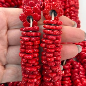 Hand Made Murano Glass Large Hole Red Flower Beads, 10 Beads in a pack