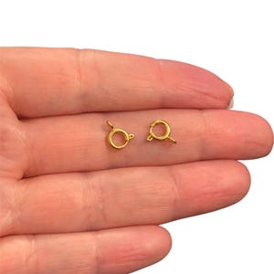 Könnte beinhalten: Zwei kleine, goldfarbene Federringverschlüsse. Diese Schmuckzubehörteile sind rund mit einem kleinen Hebel zum Öffnen und Schließen. Die Verschlüsse werden vor einem hellen Hintergrund gezeigt.