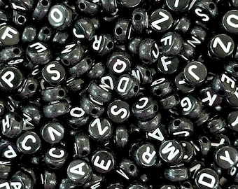 Acrylic flat round black with white letters beads for jewellery making,500 pcs pack