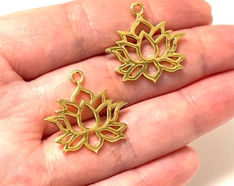 24Kt Shiny Gold Plated Brass Lotus Charms, Gold Lotus Charms, 2 pcs in a pack