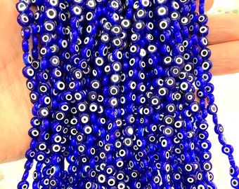 Evil Eye Beads, Strand of 65, Flat Round, 6mm Glass Beads,  Lampwork Glass, Evil Eye Jewelry, Lampwork Beads, UK Beading Supply