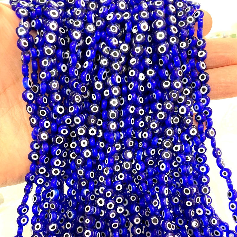 Evil Eye Beads, Strand of 65, Flat Round, 6mm Glass Beads,  Lampwork Glass, Evil Eye Jewelry, Lampwork Beads, UK Beading Supply 