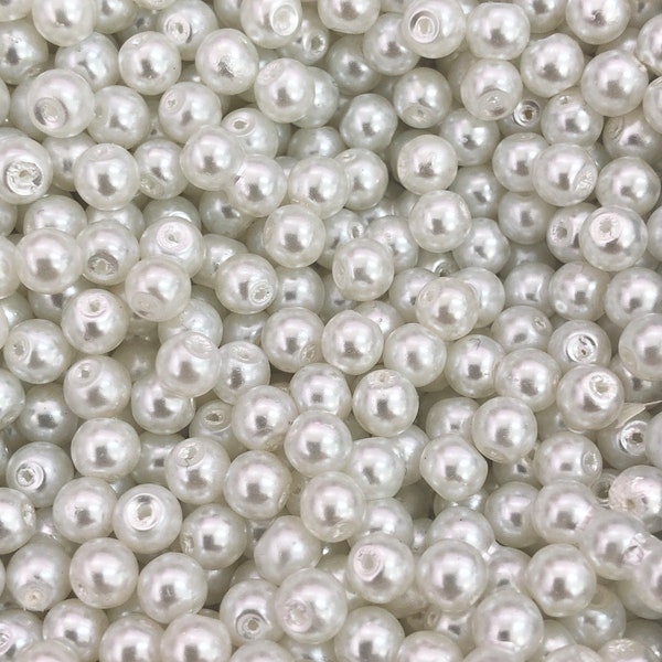 Glass Pearl Beads  6mm 100Gr Pack Approx 350 Beads, White Glass Pearl Beads