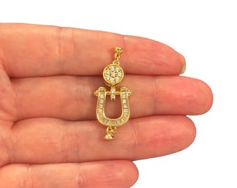 24Kt Gold Plated Magnetic Horseshoe Clasp with Baguette CZ Stones – Decorative Necklace Bracelet Clasp, 35x13mm