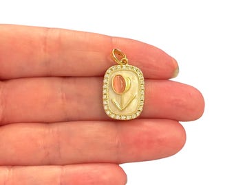 24Kt Gold Plated Pink Tulip Flower CZ Enamel Pendant – Ivory Rectangle Floral Charm, 26x15mm