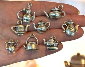 Antique Silver Plated Tea Time Charms Collection, 8 Charms in a pack