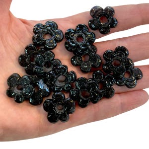 Hand Made Murano Glass Large Hole Black Flower Beads, 50 Beads in a pack