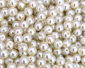 Glass Pearl Beads  6mm, 100Gr Pack Approx 350 Beads Ivory Color, Ivory Glass Pearl