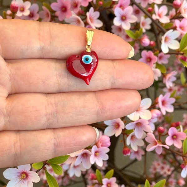 Handmade Murano Glass Evil Eye Heart Pendant – Red Lampwork Heart Charm with Gold Plated Bail, Nazar Heart Pendant, 16x16mm