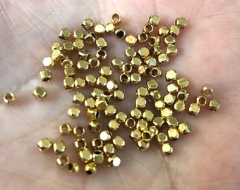 Gold Plated Cubes 2mm 24Kt Gold Plated- Gold Cube Beads, Spacer Cubes, Spacer Beads-50 Pieces in a pack,