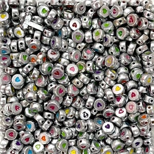 Acrylic flat round silver colored beads with heart for jewellery making, Assorted 500 pcs pack