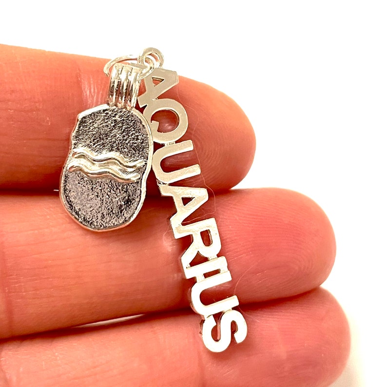 May include: Silver charm with a wave design and the word "Aquarius" on a separate charm. The charms are hanging from a silver loop.