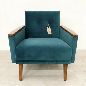 vintage danish mid century teak inspired handmade cocktail lounge chair in peacock luxury velvet