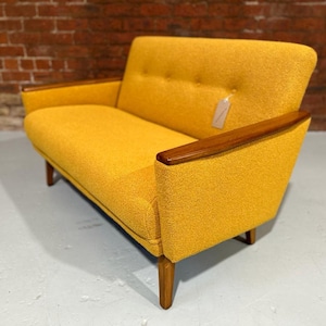 Handmade danish vintage inspired mid century 50s 2 seater cocktail sofa settee in saffron boucle