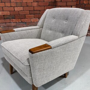IN STOCK NOW handmade model 62 vintage danish teak inspired lounge chair upholstered in grey/oatmeal heavy woven fabric