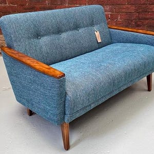 vintage danish teak mid century inspired model 55 2 seat sofa settee in ocean blue multi weave fabric