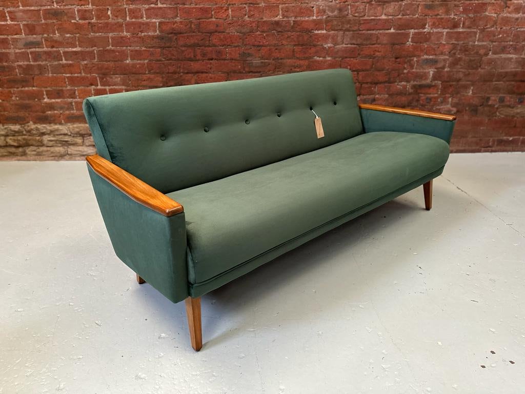 Danish Teak Vintage Inspired Model 55 Sofa in Emerald Green Velvet