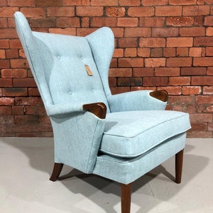 vintage original mid century 60s 70s parker knoll papa bear chair fully restored in baby blue wool