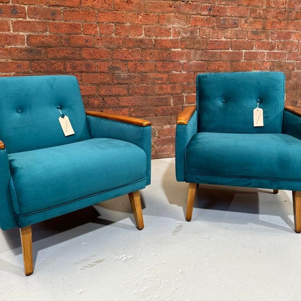 matching pair of vintage danish teak mid century inspired cocktail lounge chairs in peacock velvet