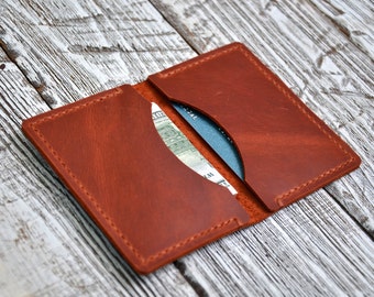 Brown leather minimalist wallet for men. Slim leather wallet for credit cards. Front pocket wallet for men slim design.